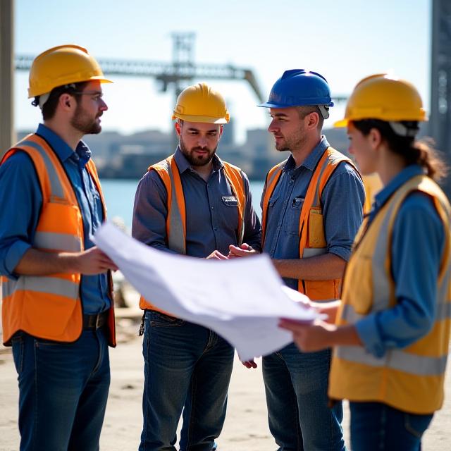 Marina Builders engineering team reviewing blueprints at a dock site